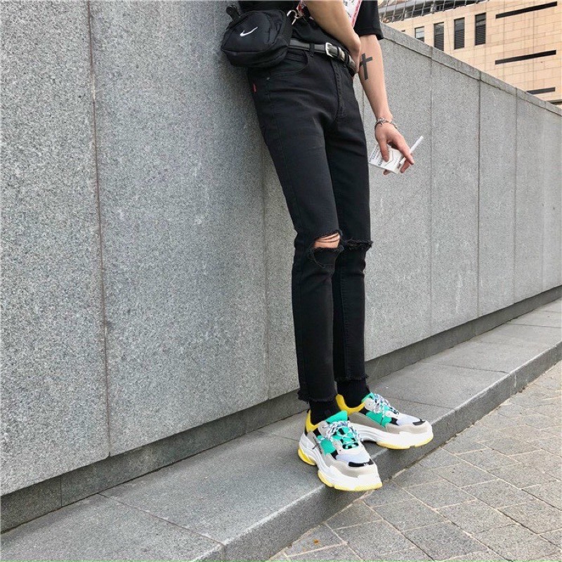 QUẦN JEANS SKINNY CO DÃN ĐEN TRƠN RÁCH GỐI CẮT LINE