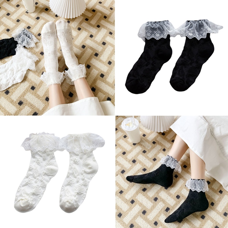 Xiangbao Vớ Cotton Cổ Thuyền Phối Ren Họa Tiết Hoa Viền Xếp Nếp Cho Nữ