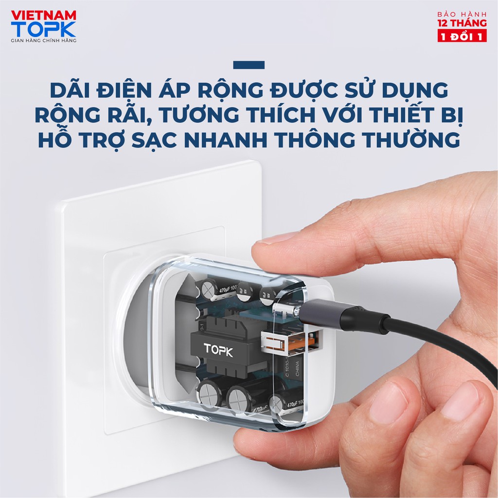 Củ sạc nhanh TOPK B210P Sạc nhanh PD QC 3.0 20W1 Cổng USB 2.0 + 1 Cổng Type C Hàng chính hãng Bảo hành 12 tháng 1 đổi 1