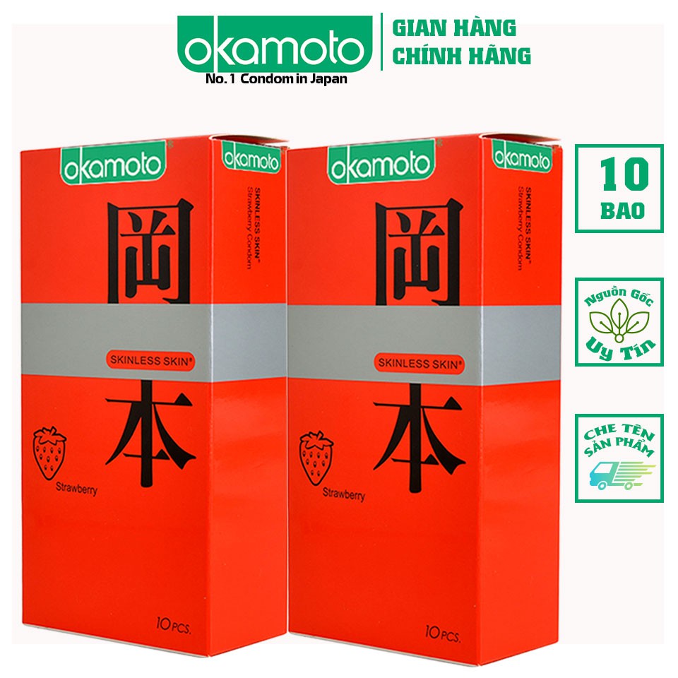 Bao Cao Su Okamoto Skinless Skin Strawberry Hương Dâu Hộp 10 Cái