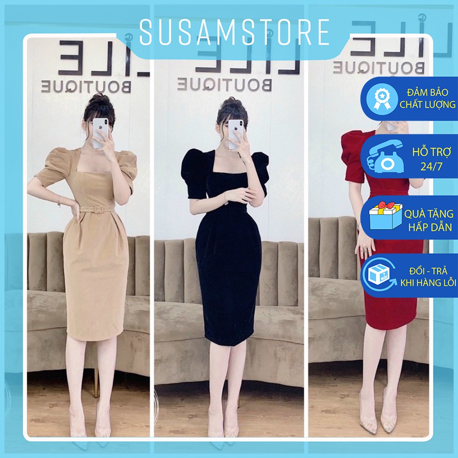 Váy nhung tay bồng cổ vuông kèm đai thắt eo SS006