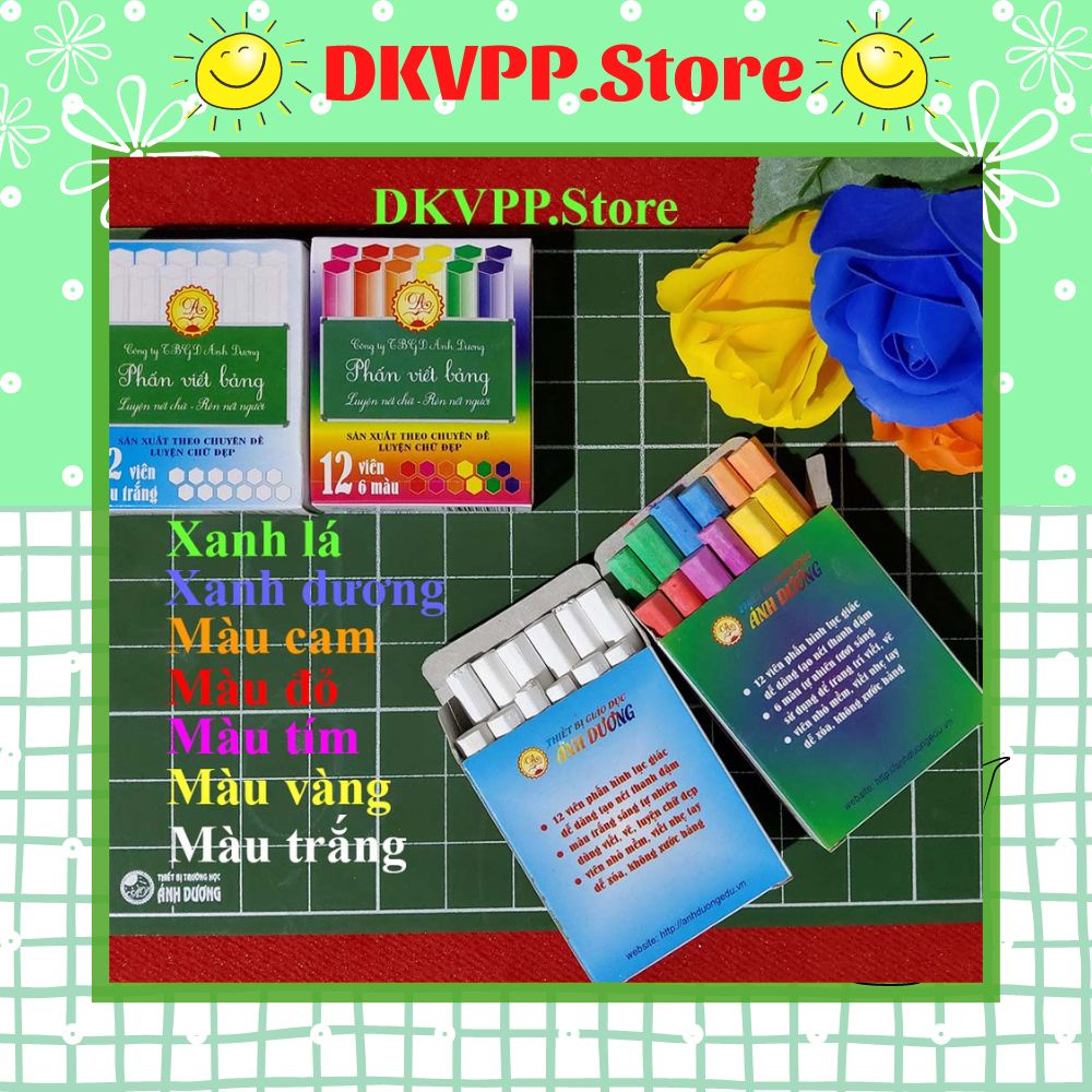 Phấn LỤC GIÁC viết bảng Ánh Dương - DKVPP.Store, Phấn không bụi an toàn Hộp 12 viên Trắng hoặc Màu