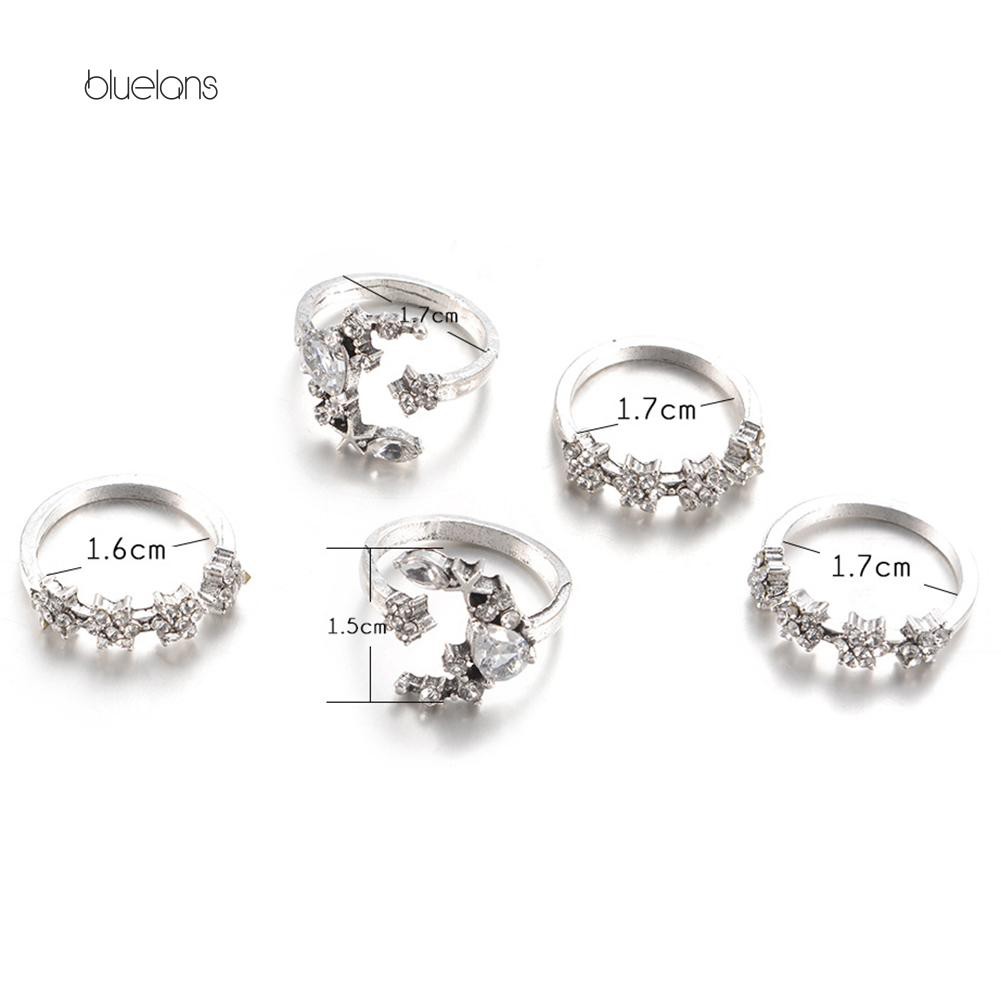 Set 5 Nhẫn Thời Trang Hình Trăng Sao Có Đính Đá Nhân Tạo Đẹp Mắt Cho Nữ