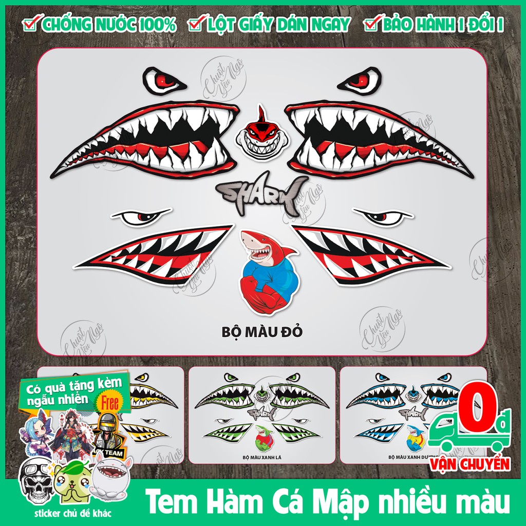BigShark - Bộ tem hàm cá mập nhám nhiều màu decal chống nước dán xe laptop