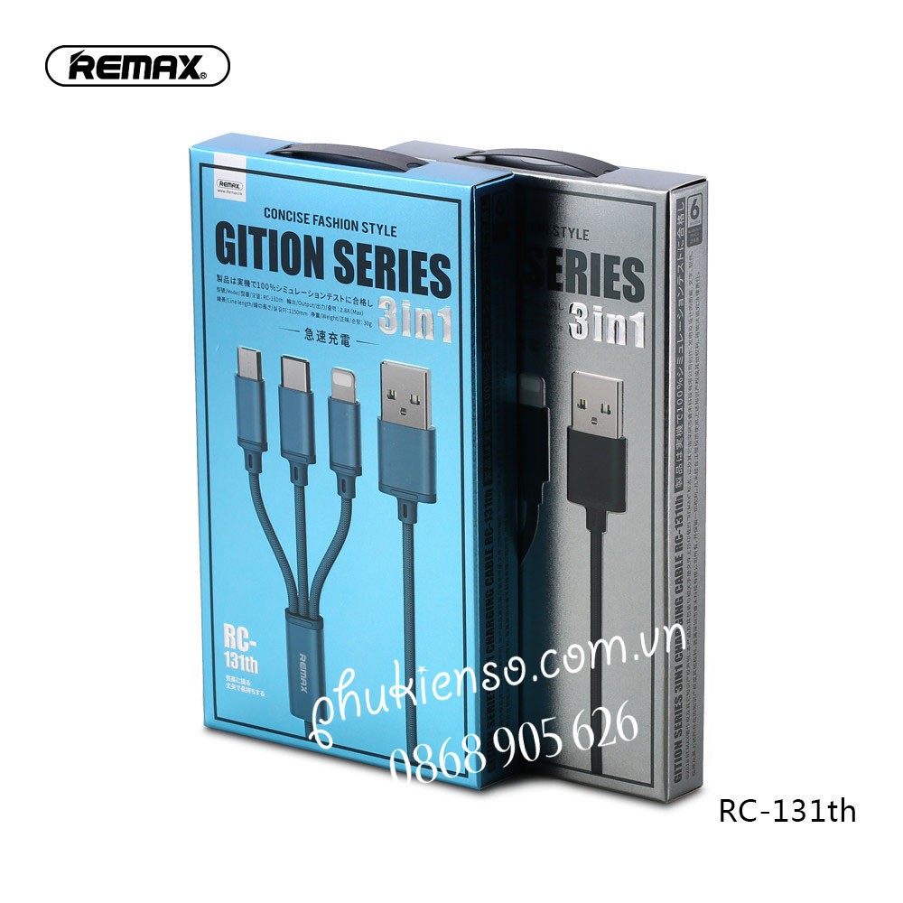 Cáp Sạc 3 Đầu Remax RC131TH ✓ Lightning-Micro USB-TypeC ✓ Hàng Chính Hãng Chống Rối Chống Đứt ( Bảo hành 12 tháng)