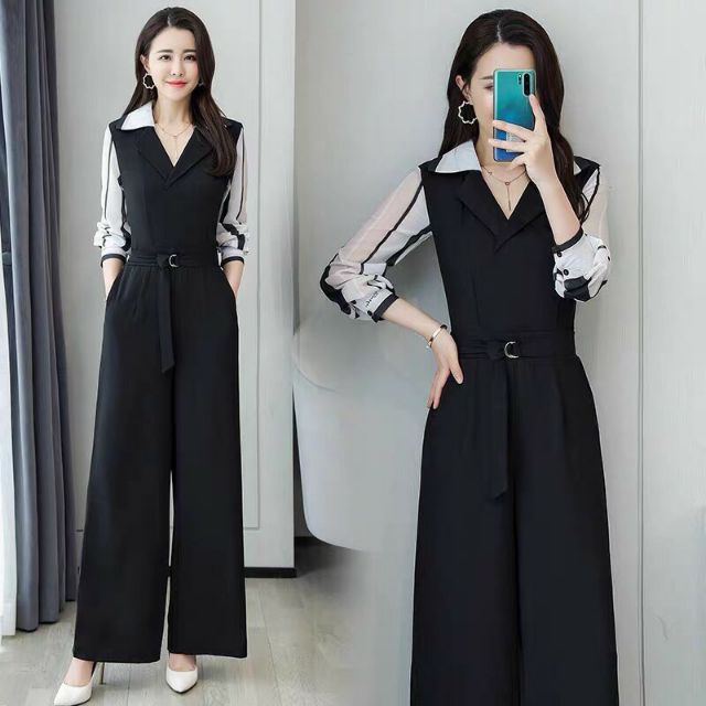 Hàng nhập - Jumpsuit dài cổ vest tay kẻ sọc