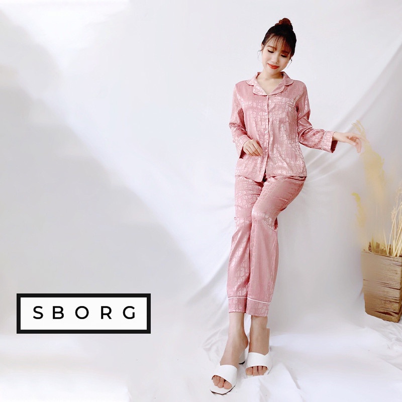 Bộ pijama dài tay SBORG đồ mặc nhà trung niên gấm họa tiết cao cấp có túi bigsize 45-75kg quà tặng mẹ và vợ