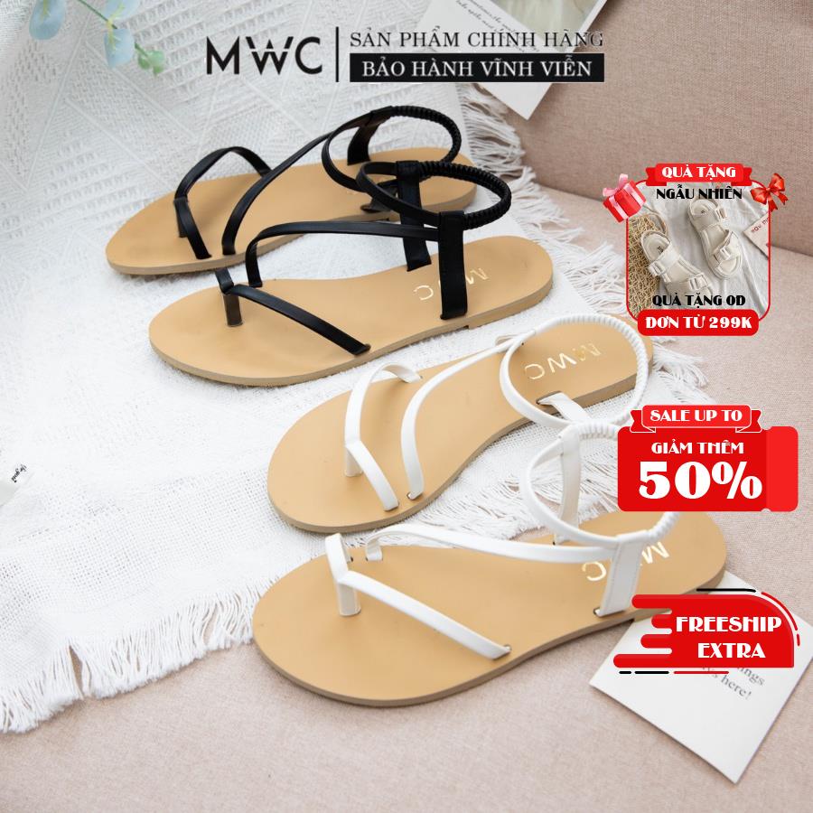 Giày Sandal MWC Đế Bệt Xỏ Ngón Chất Da Màu Đen Kem Cá Tính NASD-2895