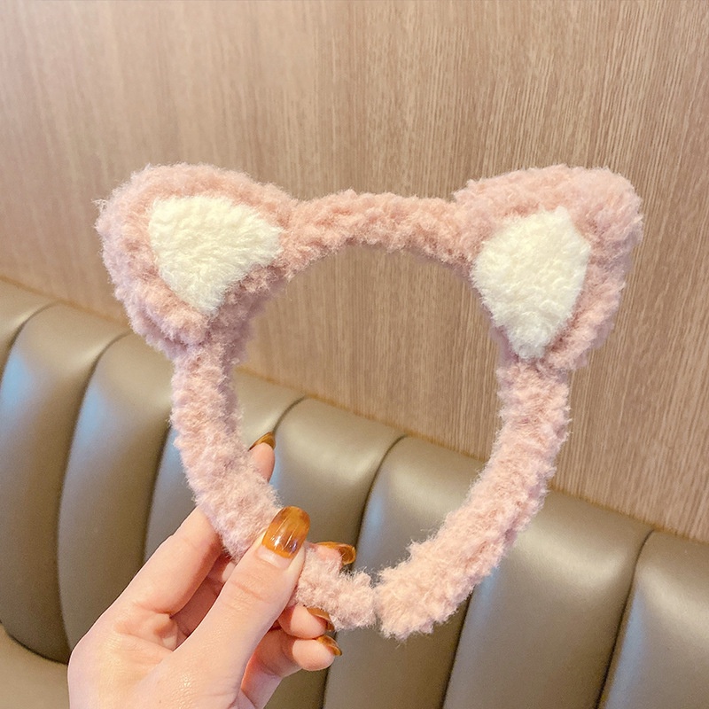 Băng Đô Cài Tóc Rửa Mặt Phối Lông Hình Tai Mèo Dễ Thương Cho Nữ