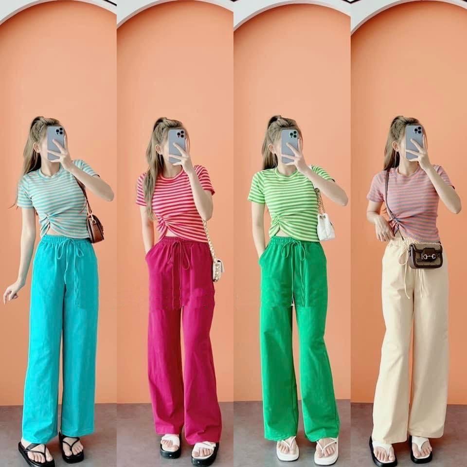 SÉT BỘ ÁO THUN GÂN CROPTOP TAY NGẮN RÚT DÂY 1 BÊN + QUẦN TUYẾT MƯA FORM RỘNG DÂY RÚT BO TRUN FSDX88