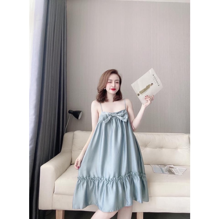 Váy Ngủ Bigsize - Đầm Ngủ 2 Dây Gợi Cảm Nơ Trước Ngực Chất Lụa Latin Cực Mát, Mịn Mặc Nhà Thoải Mái [DN36]