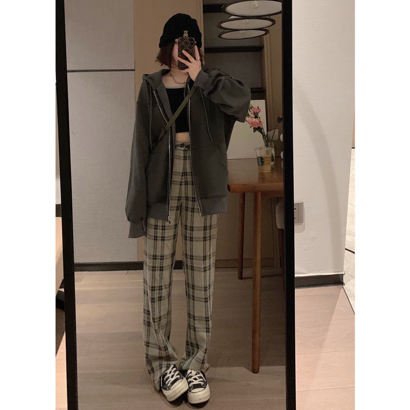 Quần dài ống rộng lưng cao họa tiết caro chất lượng cao