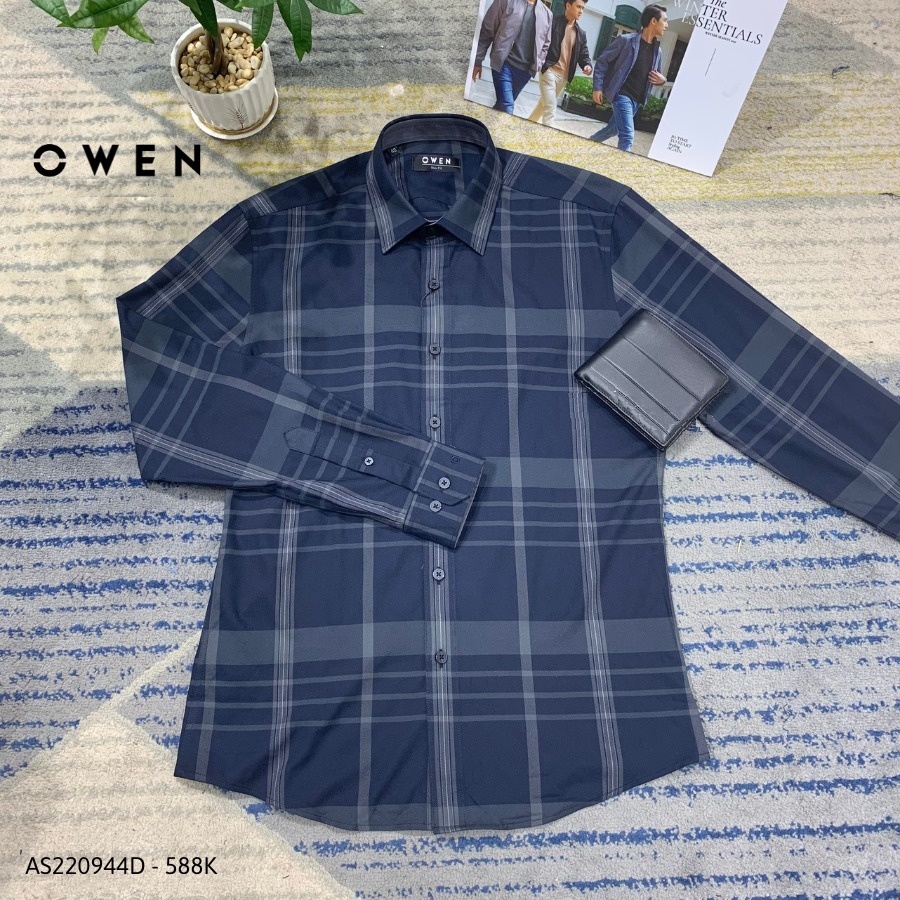 Áo Sơ Mi Nam Dài Tay OWEN AS220944D Somi Công Sở Vải Sợi Tre Cao Cấp Kẻ caro lớn ghi đen Dáng Slim Fit Tà Lượn Không Túi