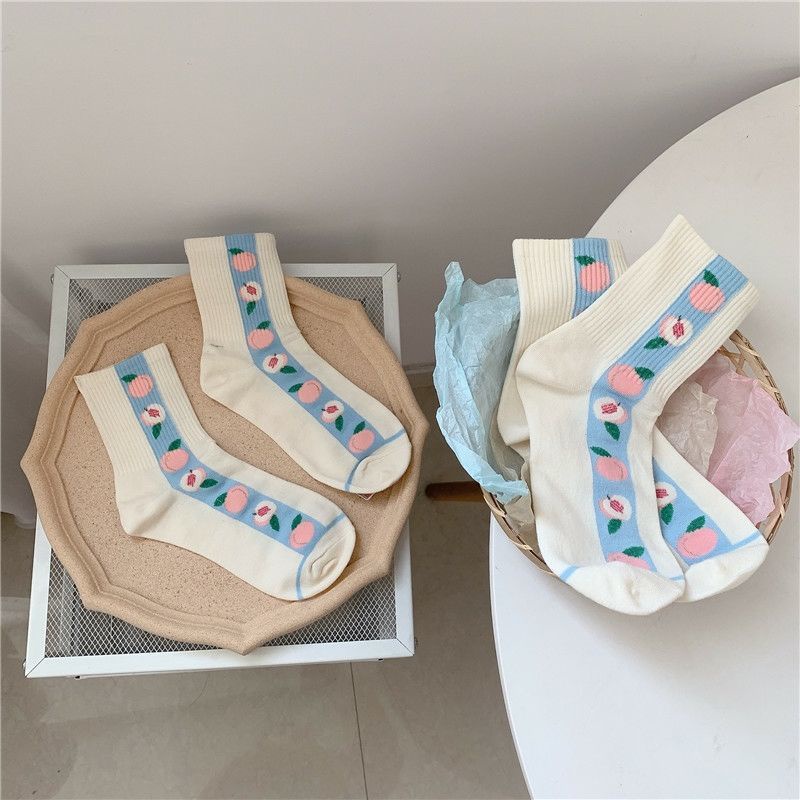 Vớ Cotton Cổ Vừa In Họa Tiết Trái Đào Dễ Thương Phong Cách Hàn Quốc Cho Nữ