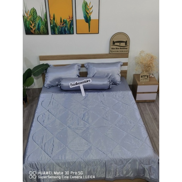 Bộ chăn ga và vỏ gối phi lụa cao cấp màu xám ánh xanh