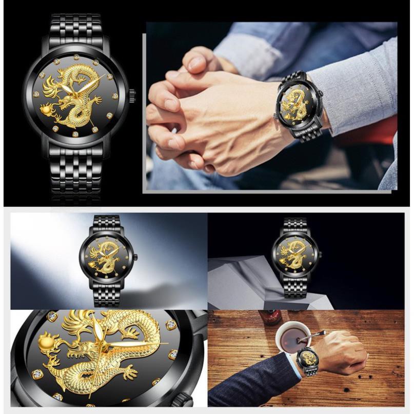 Đồng hồ nam mặt rồng ĐEN dây  hợp kim thép không gỉ Tặng vòng tay tỳ hưu