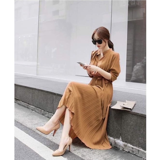 Đầm công sở Lyihome, dáng dài xếp ly cổ trụ form chuẩn phong cách Hàn Quốc trẻ trung lịch sự | BigBuy360 - bigbuy360.vn