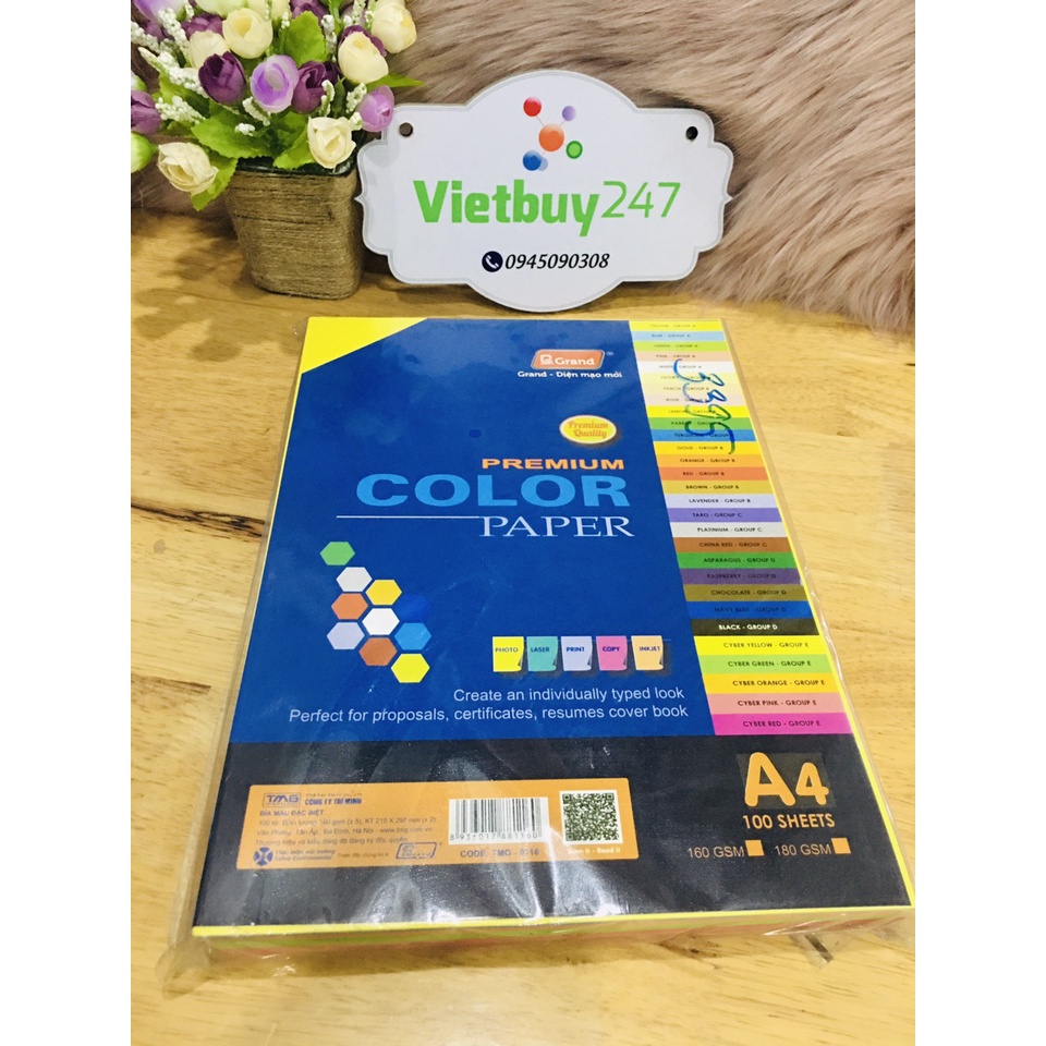 Giấy bìa màu Pgrand A4/ 160gsm- xấp 100 tờ