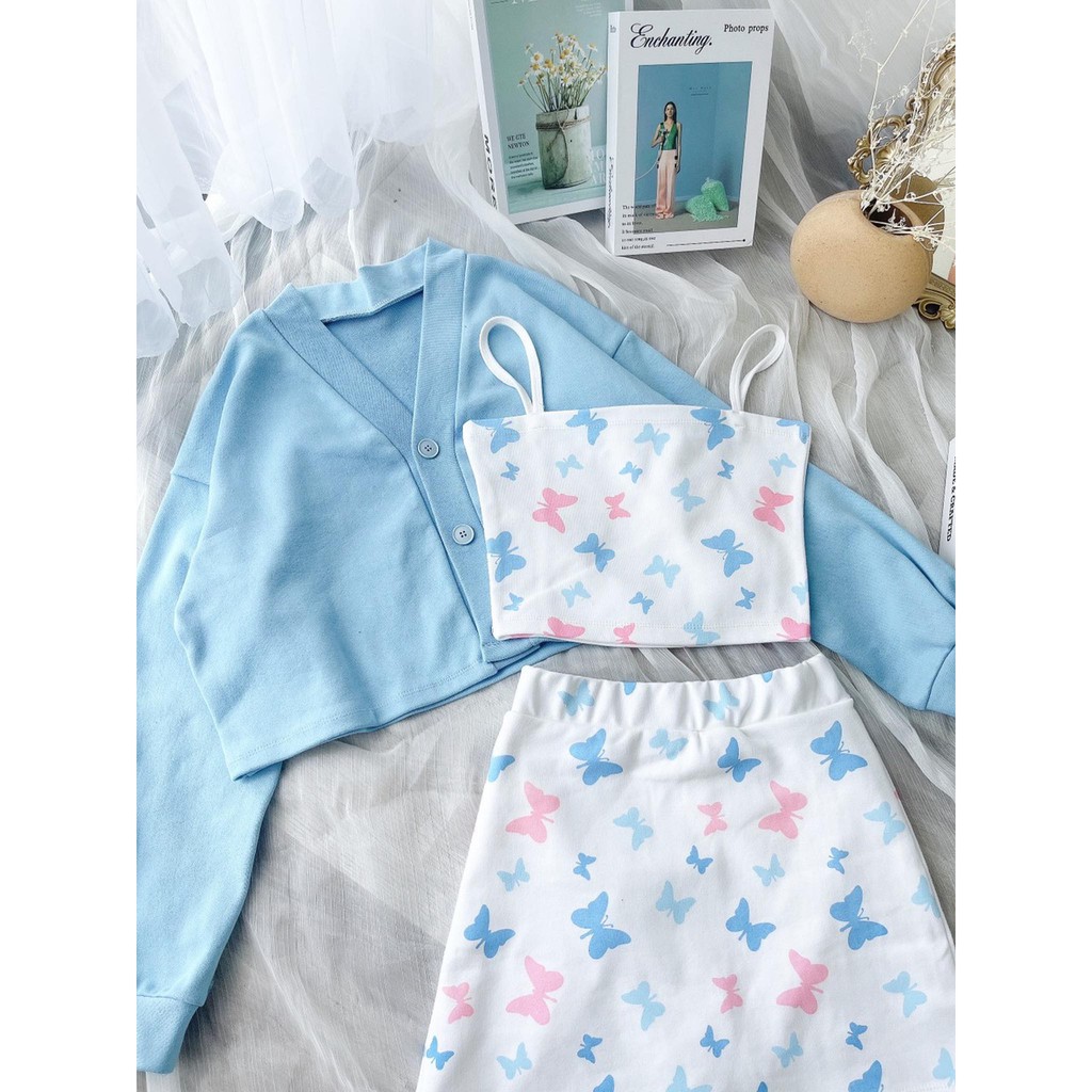 Bộ Áo Cardigan Croptop 2 Dây Bướm 🦋 Set Áo Khoác Dài Tay Kèm Váy Áo 🦋