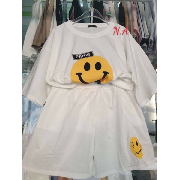 Set Quần Short Mặt Cười Nam Nữ [FREESHIP]  Bộ đồ culottes phông form rộng tay lỡ học sinh Ulzzang  Mặc nhà; đi chơi hè