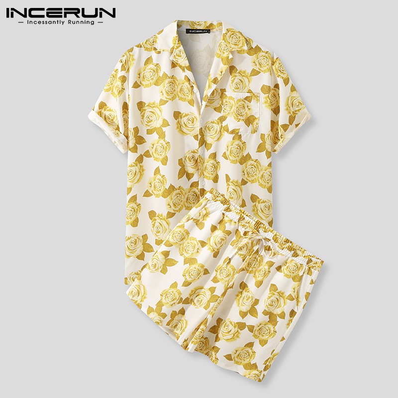 Bộ Đồ INCERUN Gồm Áo Sơ Mi Tay Ngắn In Hoa Và Quần Ngắn Thời Trang Cho Nam