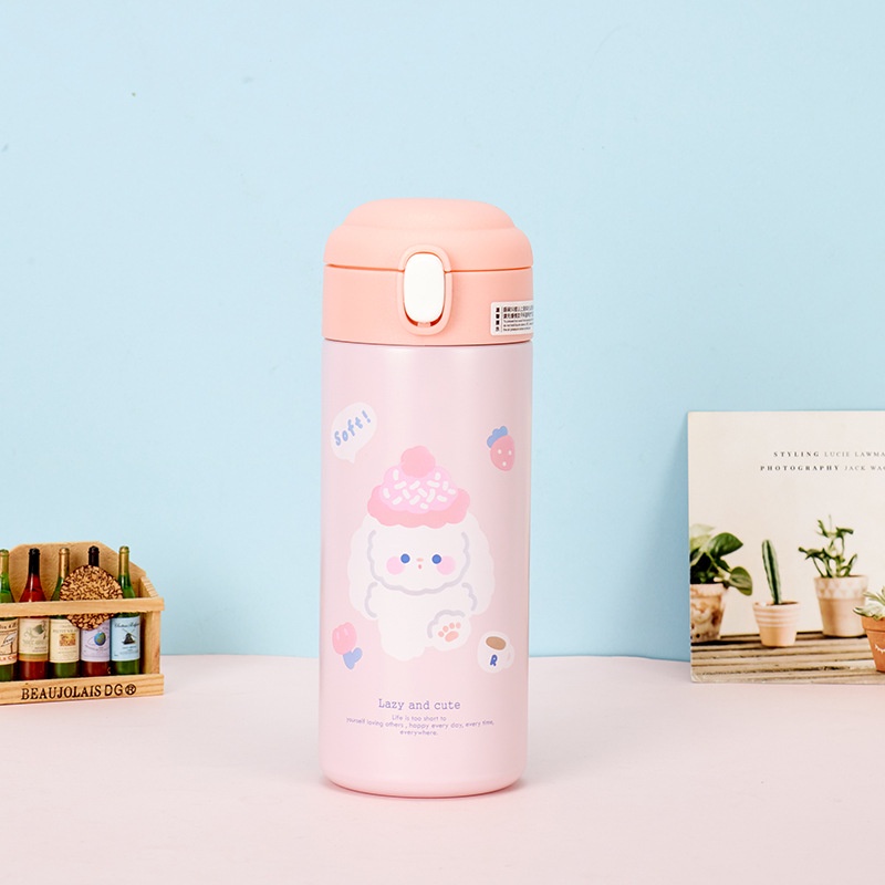 380Ml Hoạt Hình Dễ Thương Thép Không Gỉ 304 Một Đẩy Tumbler Nhiệt Bình Nước Có Ống Hút Quà Tặng Sinh Nhật Mini cốc Cà Phê Không Rò Rỉ Nhiệt Bình Flowerdance
