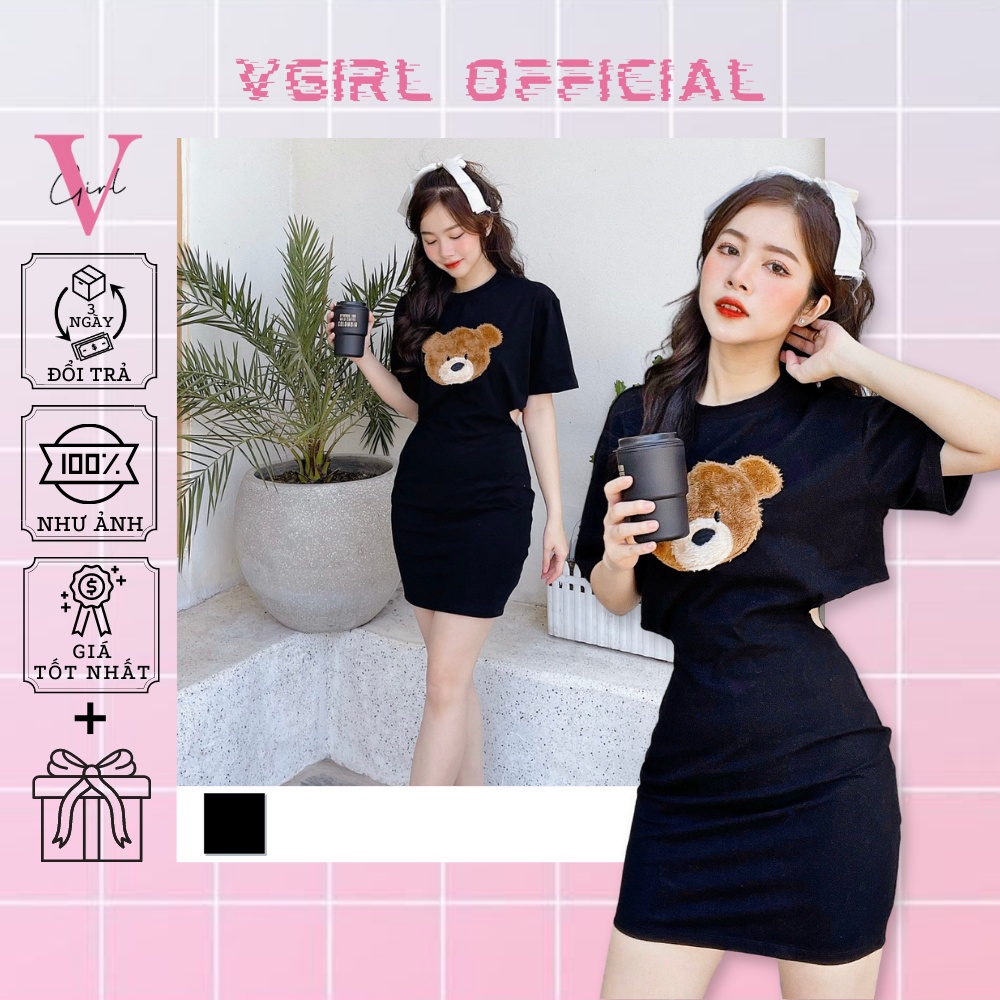 Đầm body khoét eo VGIRL phối tay áo thun kiểu dáng ôm hình thêu gấu Teddy dệt lông [ẢNH ĐỘC QUYỀN]