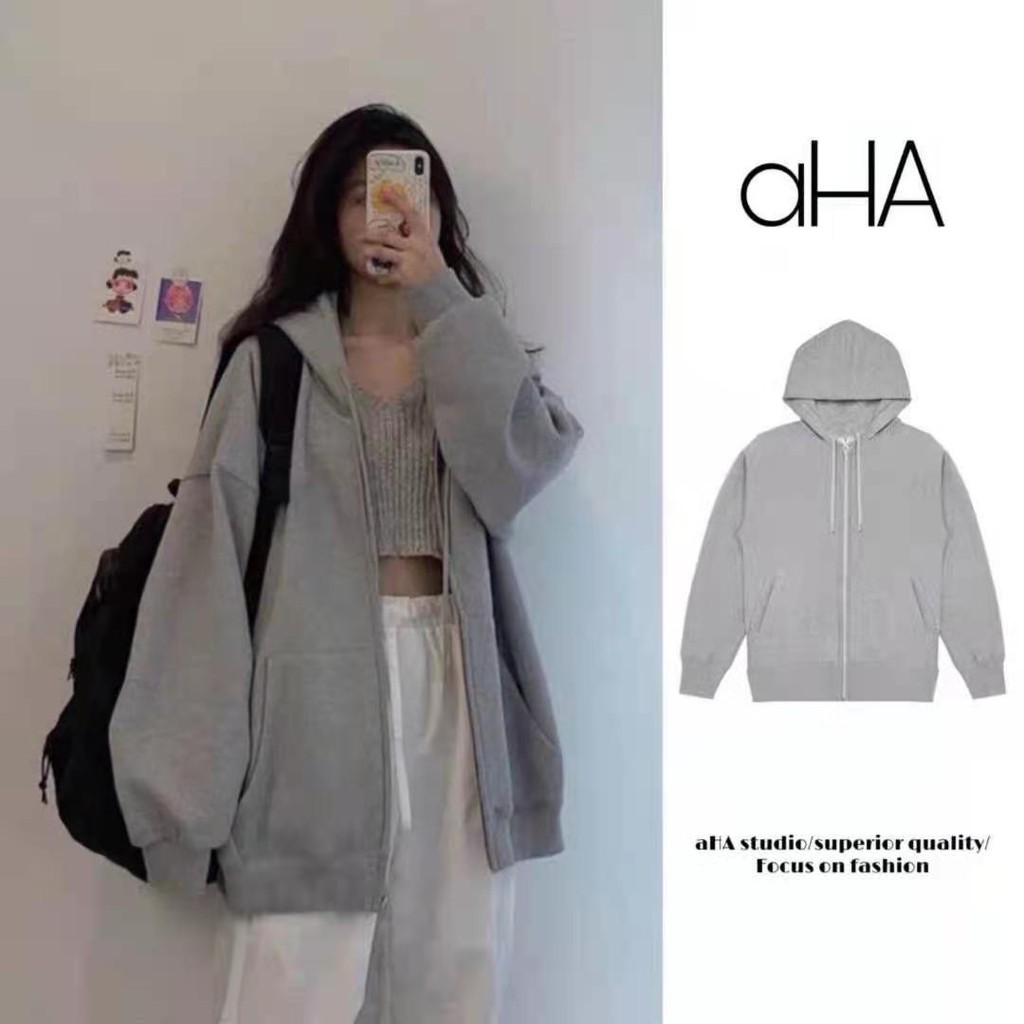 Áo khoác hoodie dáng rộng màu xám phối khóa kéo phong cách Hàn Quốc hàng mới năm 2021