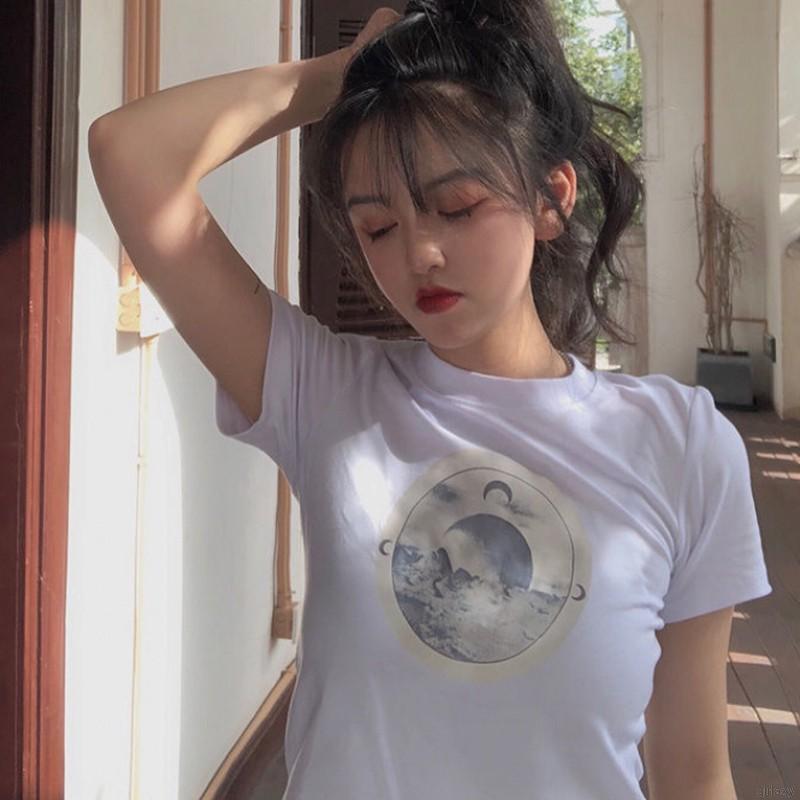 Áo Thun Lưng Tay Ngắn Cổ Tròn Dáng Ôm In Hình Thời Trang Kiểu Hàn Quốc