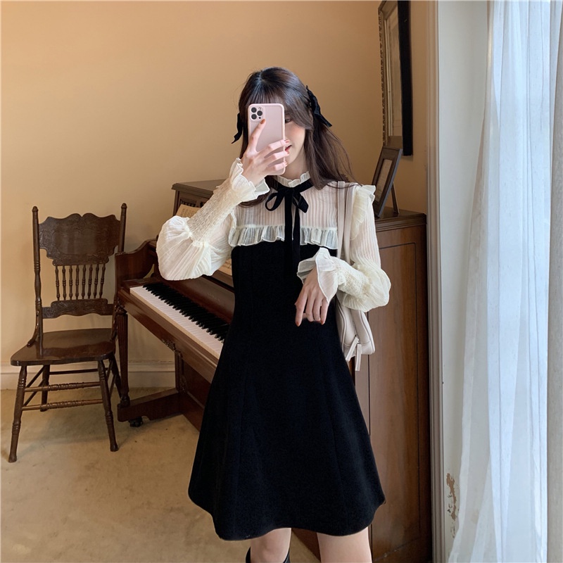 Váy Tay Bồng Nơ Đen ⚡️ẢNH THẬT⚡️Váy Đầm Cotton, Dáng Xinh Tay Dài Cho Nữ | BigBuy360 - bigbuy360.vn