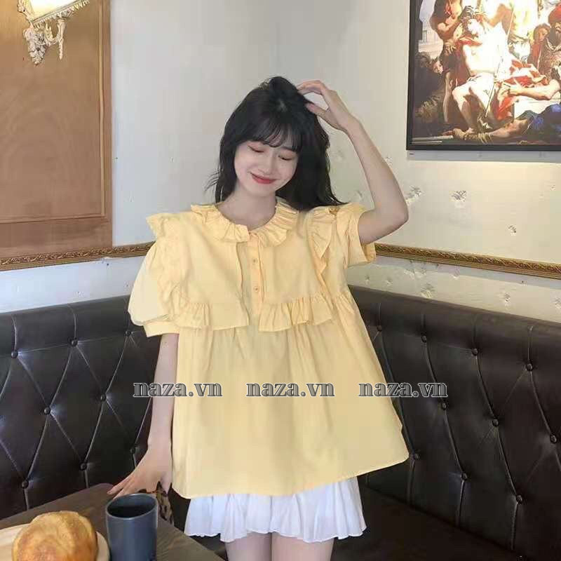Áo Baby Doll Tiểu Thư Sang Chảnh Ngắn Tay , Thiết Kế Cổ bèo 2 Lớp Form áo rộng dễ phối đồ  chất đũi hàn .