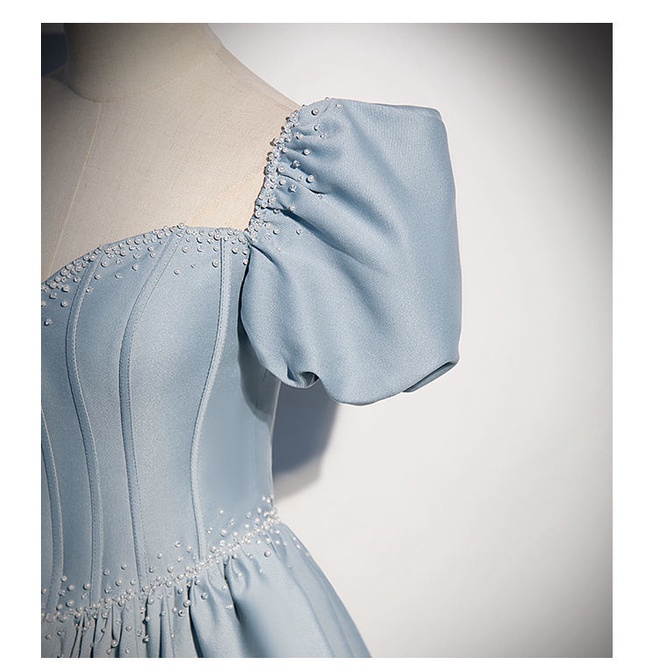 Đầm Dài Tay Ngắn Màu Xanh Dương Thiết Kế Đơn Giản Thời Trang Pháp Cho Nữ