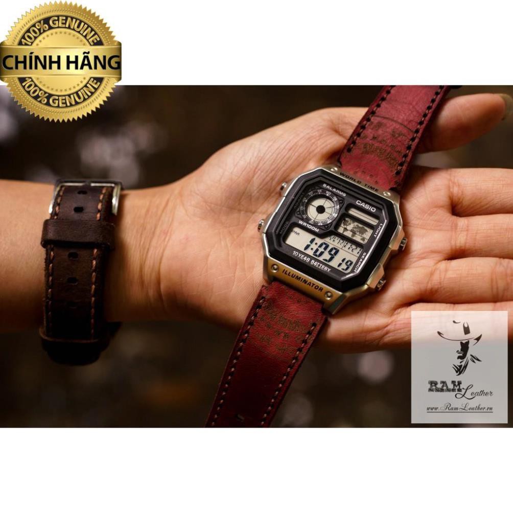 (MUA 1 ĐƯỢC 5) DÂY ĐỒNG HỒ TRỐNG ĐỒNG CASIO AE1200/SEIKO5 DA BÒ THẬT BURGUNDY ĐỎ .