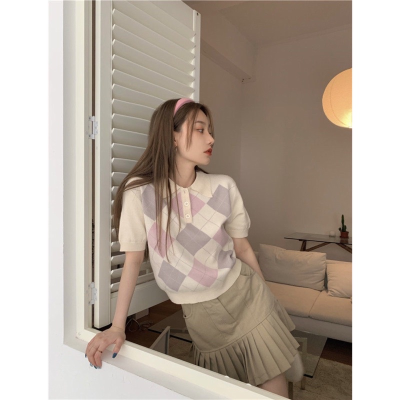 [ SẴN ] Áo polo croptop ô trám ( 2 màu: trắng/ đen ) | BigBuy360 - bigbuy360.vn