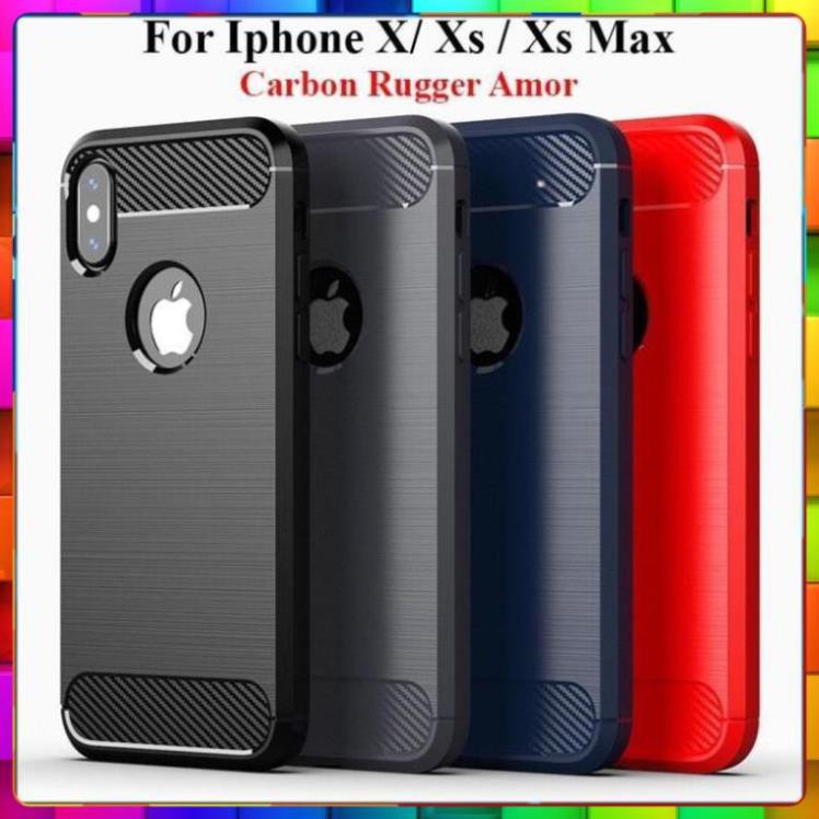 Ốp lưng dẻo Iphone X/ Xs/ XR/ Xs Max vân sợi cacbon chống sốc, chống vân tay Rugger Amor