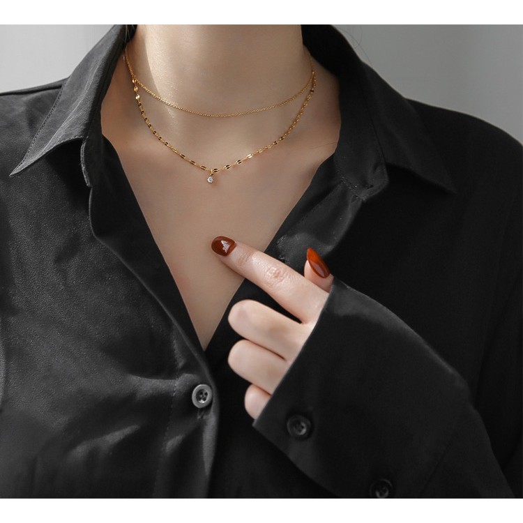 Dây chuyền hai lớp đính đá zircon đơn giản phong cách Nhật Bản nhẹ nhàng sang trọng