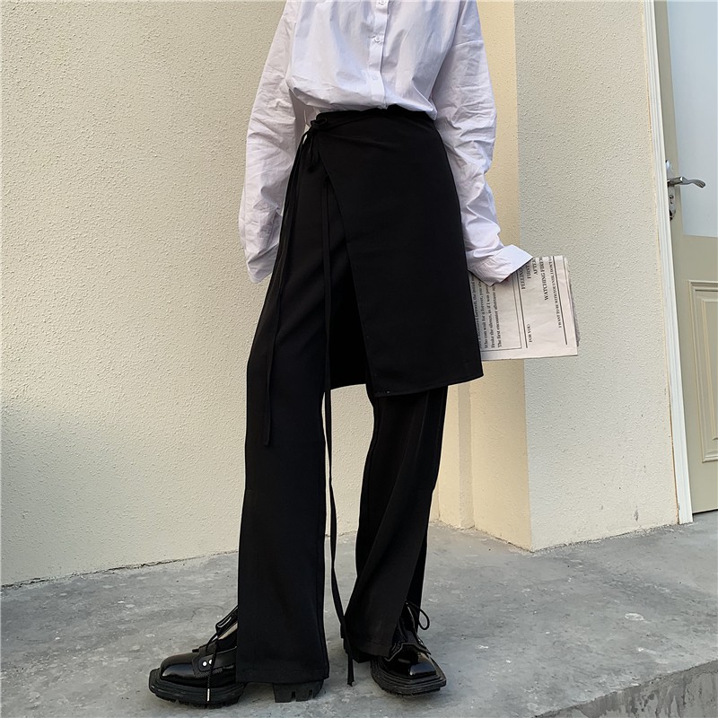 Quần ông suông kèm vạt váy QINNI quần ống rộng đen phối phong cách | BigBuy360 - bigbuy360.vn