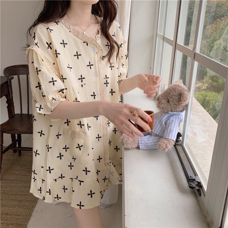 Set đồ ngủ ngắn tay dáng rộng phối ren phong cách Nhật Bản Hàn Quốc thời trang hè cho nữ