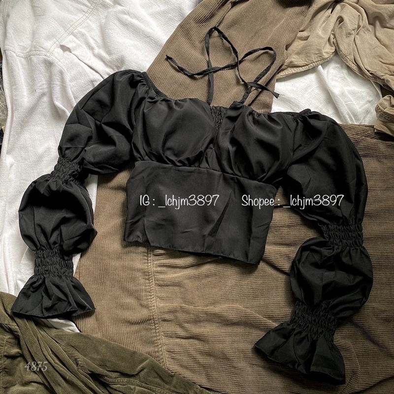 Áo croptop cổ V cột dây tay dài bồng