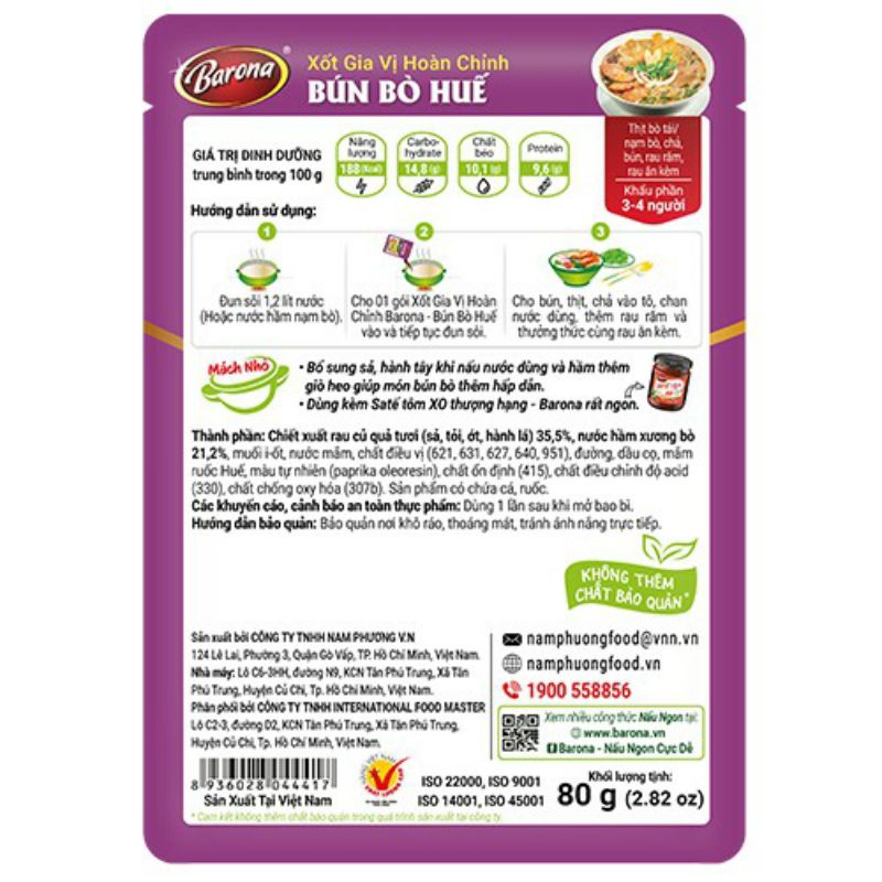 Gói Gia Vị Nấu Bún Bò Huế, Xốt Gia Vị Hoàn Chỉnh Barona Bún Bò Huế 80g