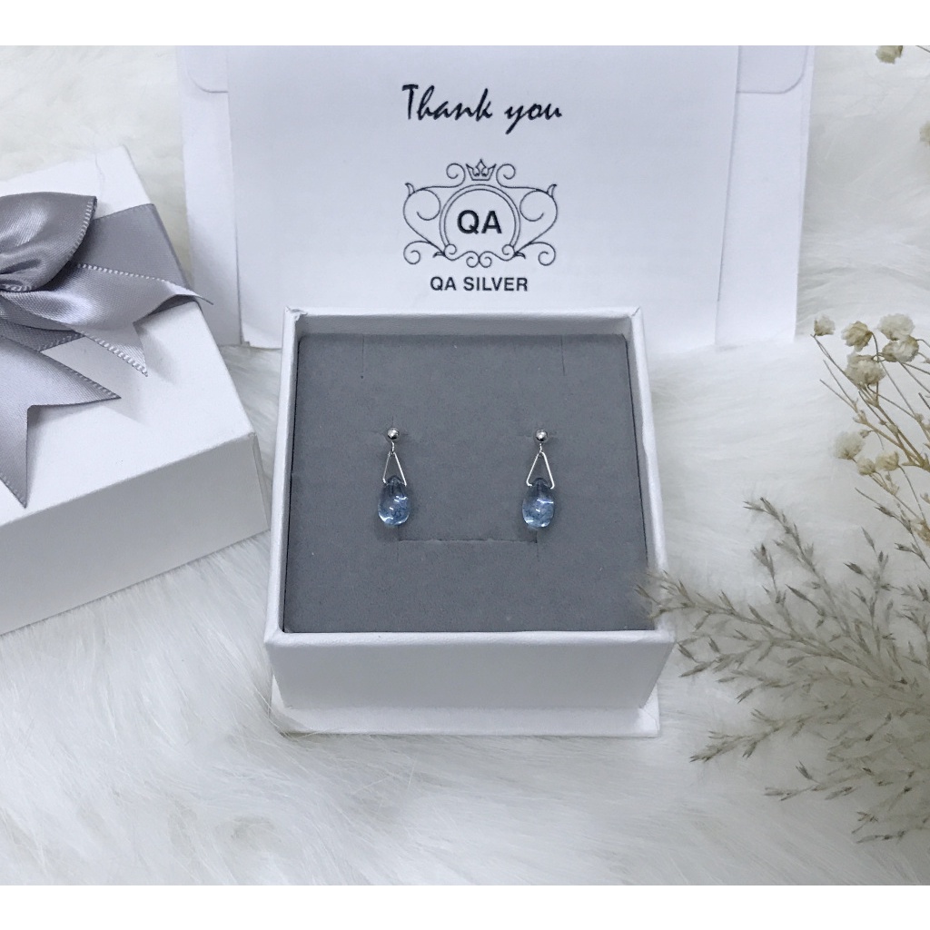 Khuyên tai bạc 925 giọt nước bông mặt đá vân xanh nữ S925 DEWDROP Silver Earrings QA SILVER EA180903