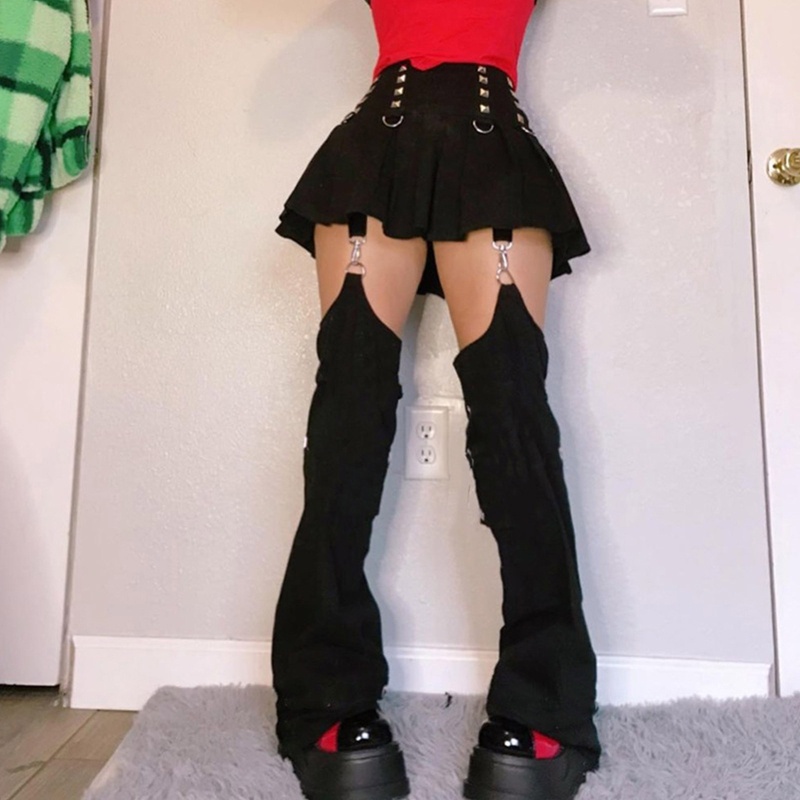 Chân váy mini xếp ly lưng cao phối quần dài ống đứng khoét lỗ rỗng bất đối xứng phong cách punk có thể tháo rời cho nữ