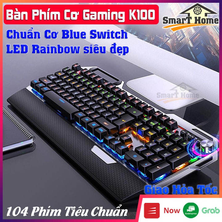 Bàn Phím Cơ Gaming K100 Full LED 104 Phím Tiêu Chuẩn - Bàn Phím Cơ Blue Switch Kèm Núm Chỉnh Âm Lượng Và 3 Phím Hỗ Trợ