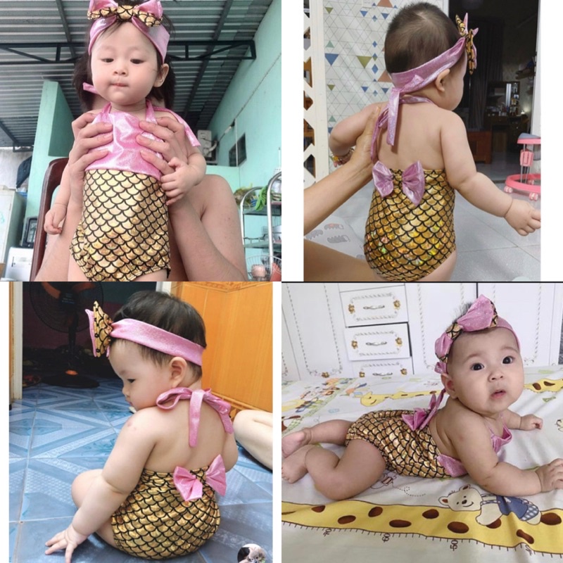 Set đồ bơi kèm mũ/turban chống nắng cho bé gái