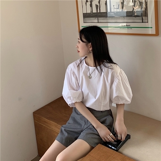 Áo sơ mi cổ tròn phong cách Pháp Áo sơ mi tay bong bóng