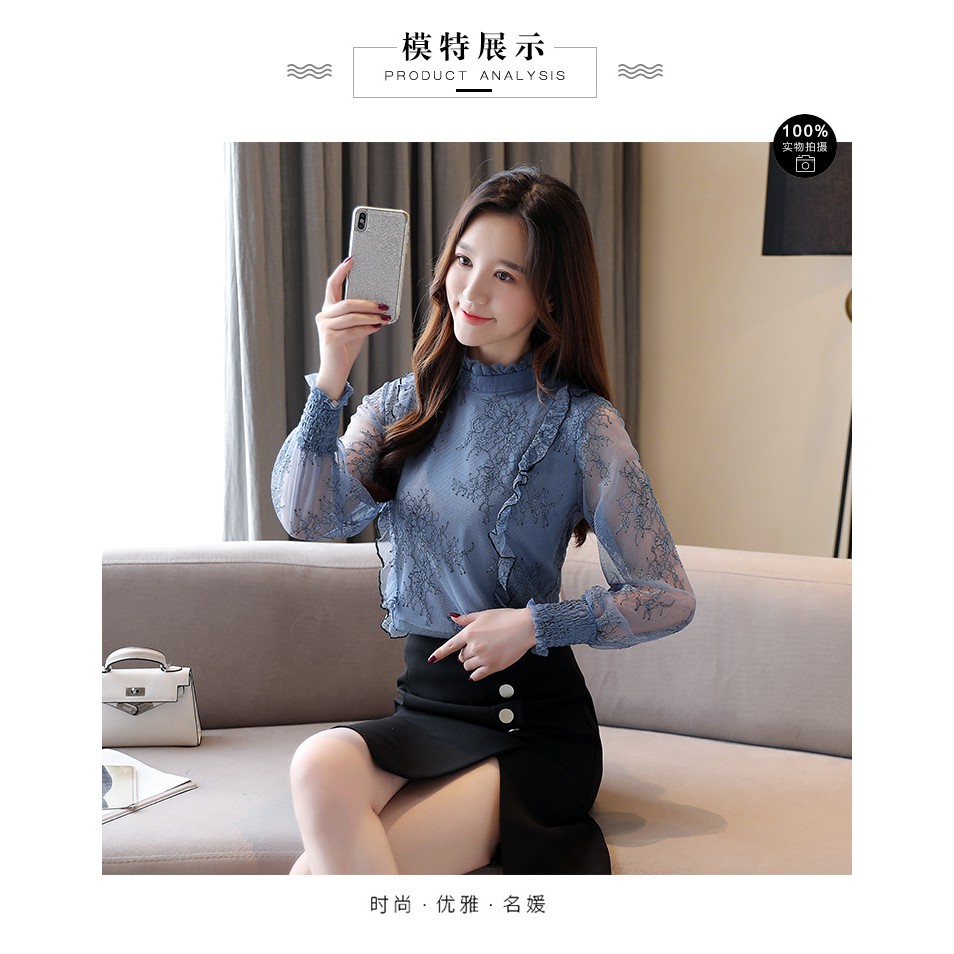 Korean Elegant Lace Ruffle Office Blouse Women Autumn Long Sleeve Stand Collar Top Blue | BigBuy360 - bigbuy360.vn