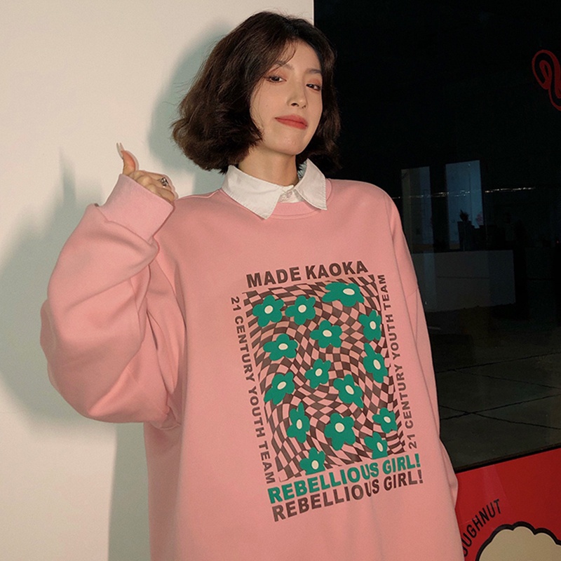 Áo thun nỉ ZHELIHANGFEI tay dài dáng rộng in hoa phối họa tiết thời trang dễ phối đồ