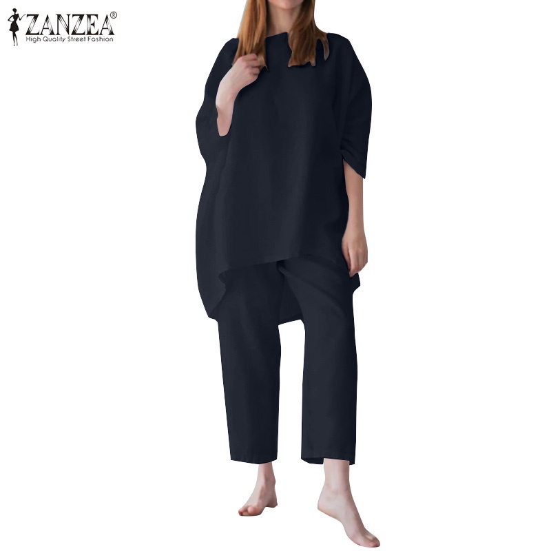 ZANZEA Bộ Áo Tay 3/4 Kiểu Dáng Đơn Giản + Quần Dài Ống Rộng Phong Cách Châu Âu Cho Nữ