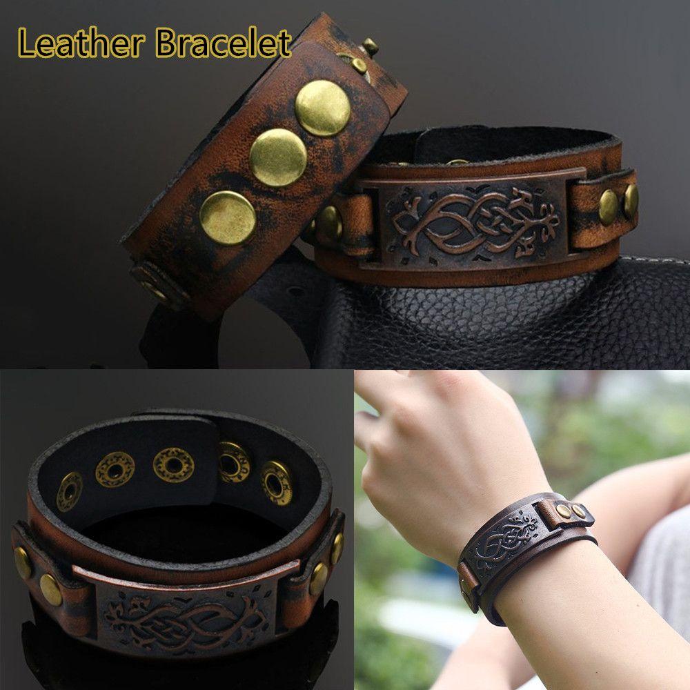 Vòng Đeo Tay Bằng Da Bản Rộng Có Khóa Hợp Kim Điều Chỉnh Được Phong Cách Punk