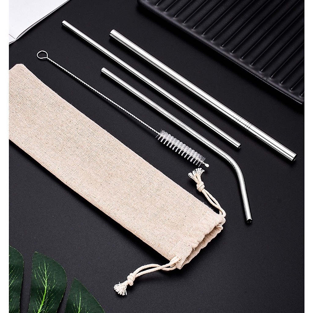Bộ 3 Ống Hút Inox Màu Bạc Kèm Cọ Rửa Đủ Size Có Túi Dây Rút - MTDDT